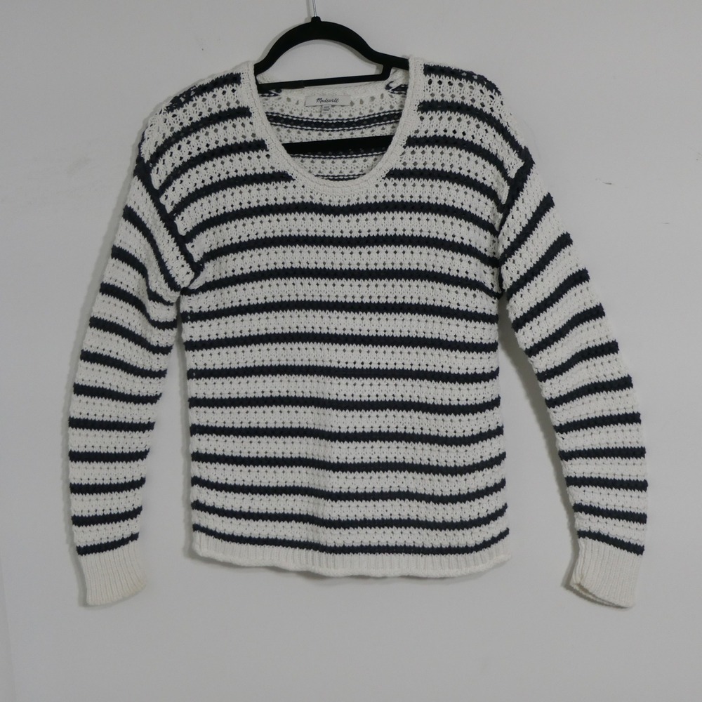 Madewell Womens Sweater XXS White Navy Breton Stripe Pointelle Knit Nautical